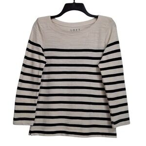 LOFT Sweater Top Womens XS Ivory Black Cotton 3/4 Sleeve Striped Neutral Classic